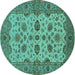 Round Machine Washable Oriental Turquoise Traditional Area Rugs, wshurb988turq