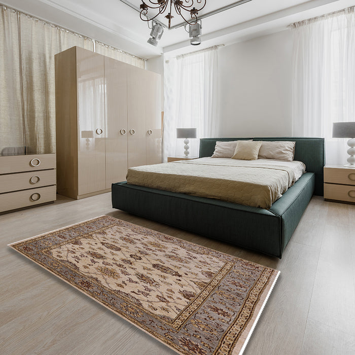 Mid-Century Modern Sienna Brown Oriental Rug in a Bedroom, urb988