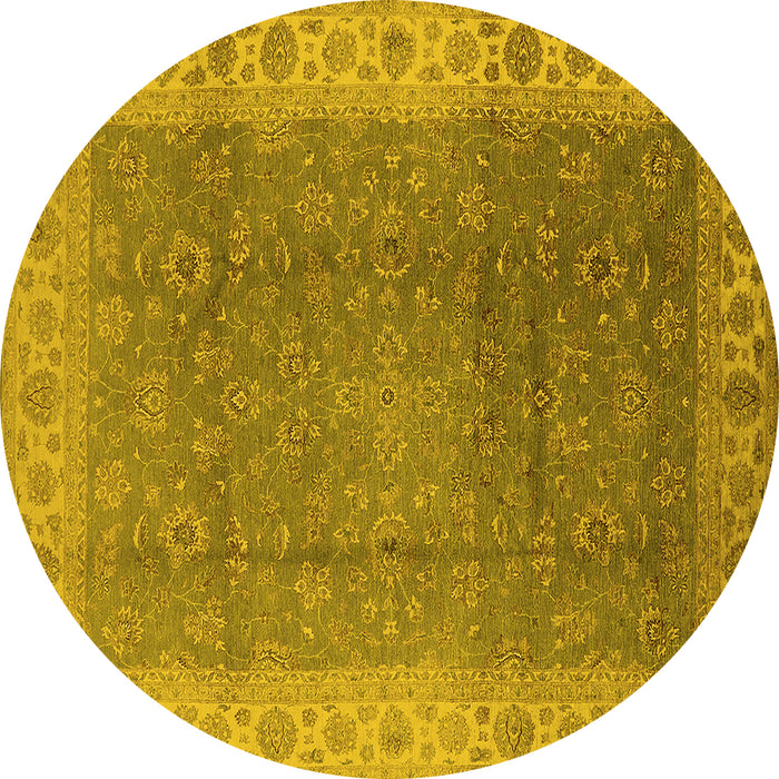 Round Machine Washable Oriental Yellow Traditional Rug, wshurb989yw