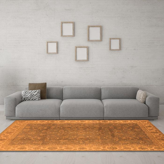 Machine Washable Oriental Orange Traditional Area Rugs in a Living Room, wshurb989org