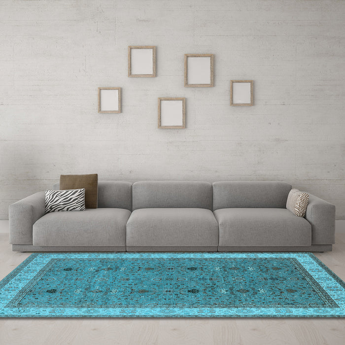 Machine Washable Oriental Light Blue Traditional Rug in a Living Room, wshurb990lblu