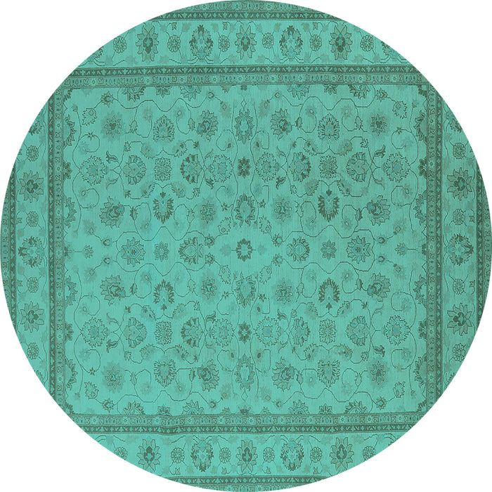 Round Machine Washable Oriental Turquoise Traditional Area Rugs, wshurb991turq
