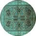 Round Machine Washable Oriental Turquoise Traditional Area Rugs, wshurb992turq