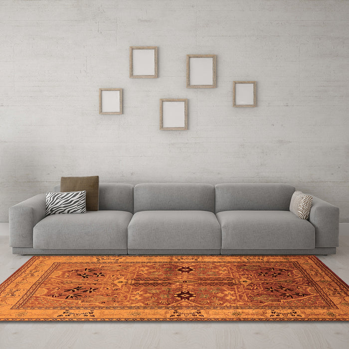 Machine Washable Oriental Orange Traditional Area Rugs in a Living Room, wshurb992org