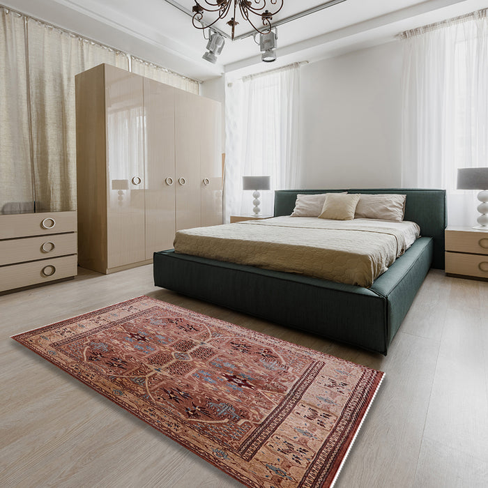 Mid-Century Modern Light Copper Gold Oriental Rug in a Bedroom, urb992