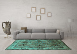 Machine Washable Oriental Turquoise Traditional Area Rugs in a Living Room,, wshurb992turq