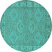 Round Machine Washable Oriental Turquoise Traditional Area Rugs, wshurb994turq
