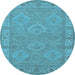 Round Machine Washable Oriental Light Blue Traditional Rug, wshurb994lblu