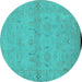 Round Machine Washable Oriental Turquoise Traditional Area Rugs, wshurb996turq