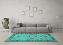 Machine Washable Oriental Turquoise Traditional Area Rugs in a Living Room,, wshurb997turq