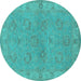 Round Machine Washable Oriental Turquoise Traditional Area Rugs, wshurb998turq