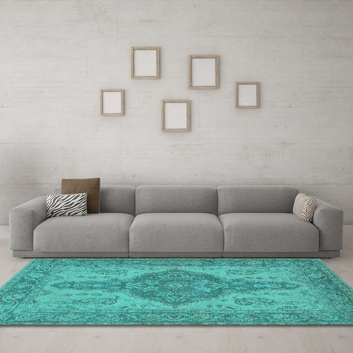 Machine Washable Oriental Turquoise Traditional Area Rugs in a Living Room,, wshurb999turq