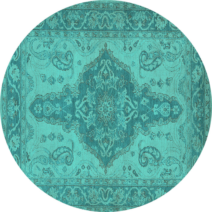 Round Machine Washable Oriental Turquoise Traditional Area Rugs, wshurb999turq
