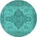 Round Machine Washable Oriental Turquoise Traditional Area Rugs, wshurb999turq