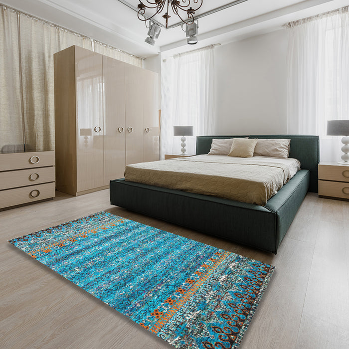 Machine Washable Contemporary Marble Blue Rug in a Bedroom, wshcon1035