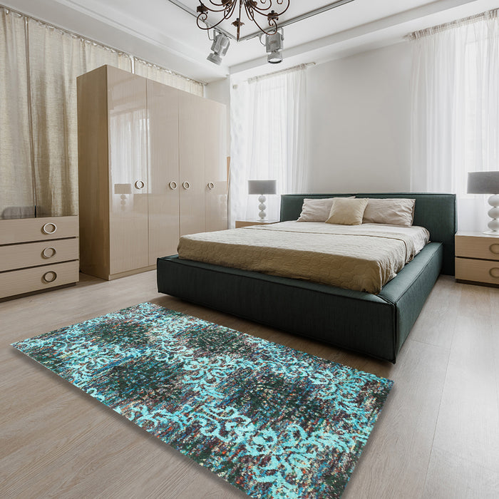 Machine Washable Contemporary Deep Turquoise Green Rug in a Bedroom, wshcon1061