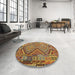 Round Contemporary Gold Southwestern Rug in a Office, con1095