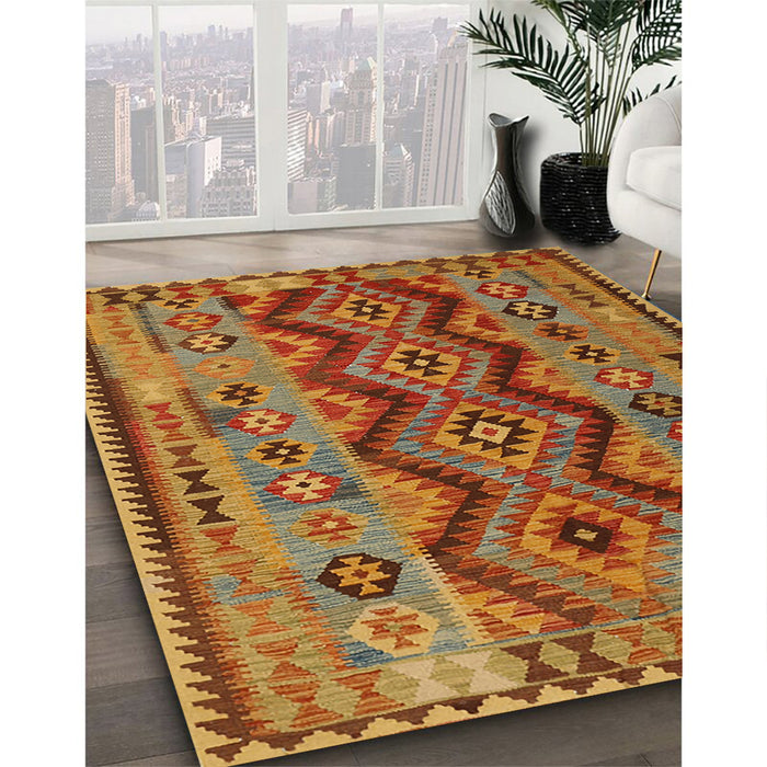 Contemporary Mahogany Brown Oriental Rug in Family Room, con1096