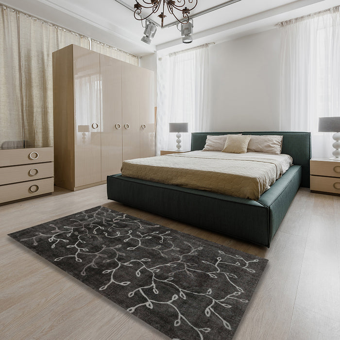 Contemporary Charcoal Black Persian Rug in a Bedroom, con1107