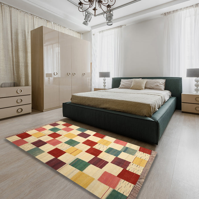 Contemporary Mustard Yellow Checkered Rug in a Bedroom, con1148