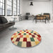 Round Contemporary Mustard Yellow Checkered Rug in a Office, con1148