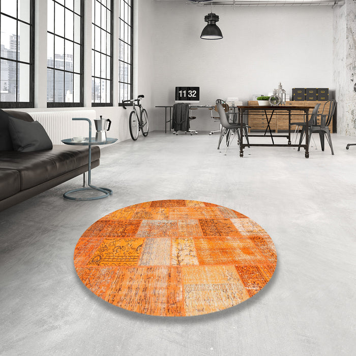 Round Contemporary Orange Red Patchwork Rug in a Office, con1185