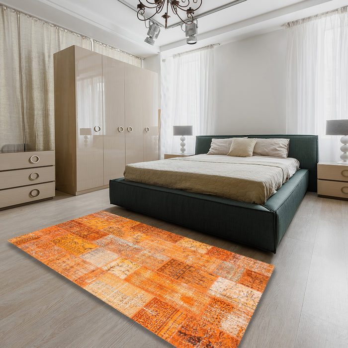 Contemporary Orange Red Patchwork Rug in a Bedroom, con1185
