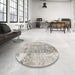 Round Contemporary Pale Silver Gray Patchwork Rug in a Office, con1189