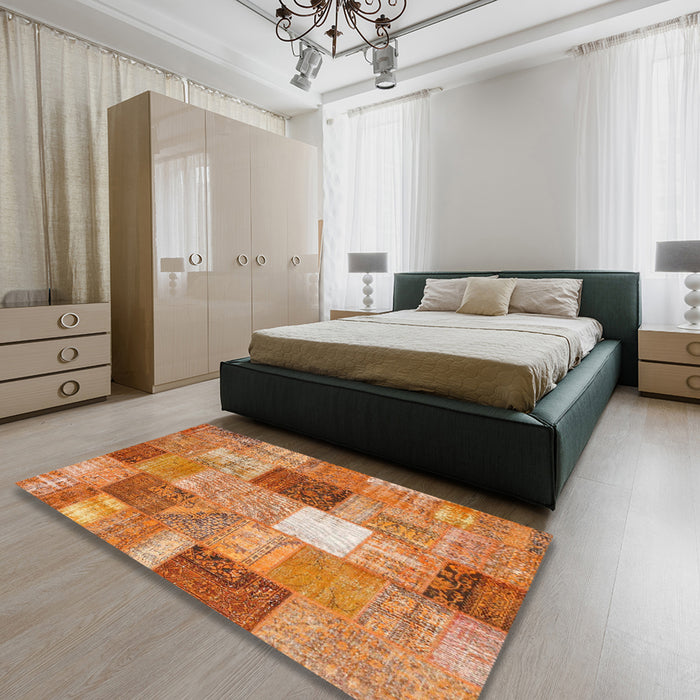 Contemporary Orange Red Patchwork Rug in a Bedroom, con1198