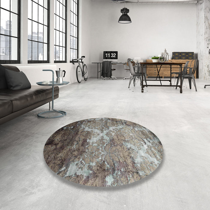 Round Machine Washable Contemporary Gunmetal Gray Rug in a Office, wshcon1272