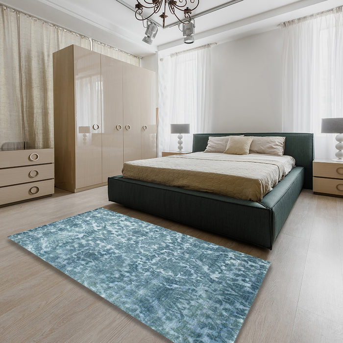 Contemporary Steel Blue Modern Rug in a Bedroom, con1281