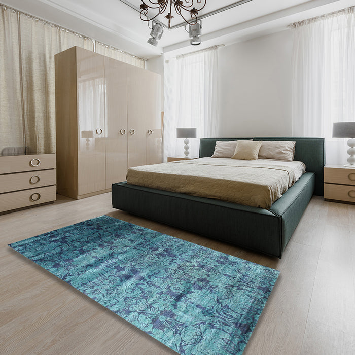 Contemporary Blue Modern Rug in a Bedroom, con1287