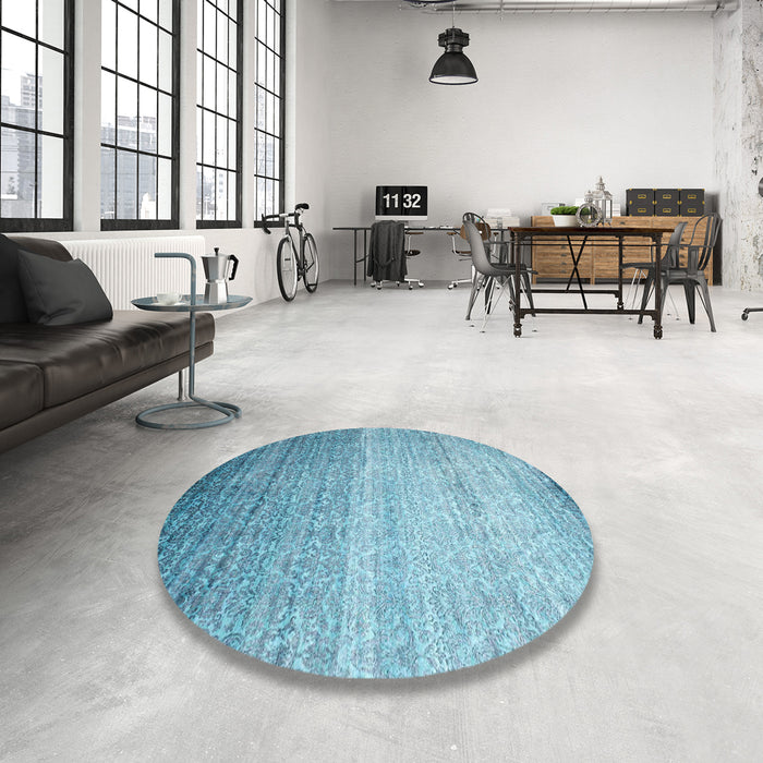 Round Machine Washable Contemporary Diamond Blue Rug in a Office, wshcon1294