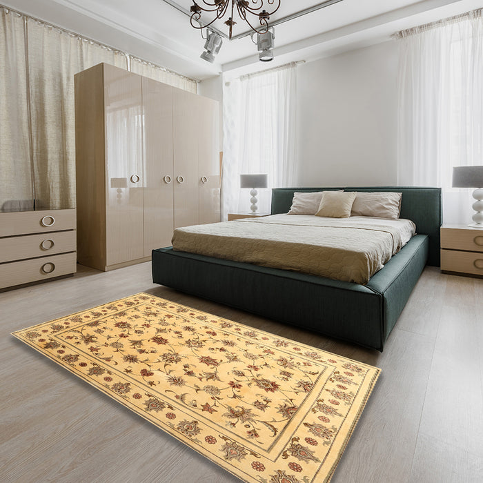 Contemporary Chrome Gold Yellow Persian Rug in a Bedroom, con1344