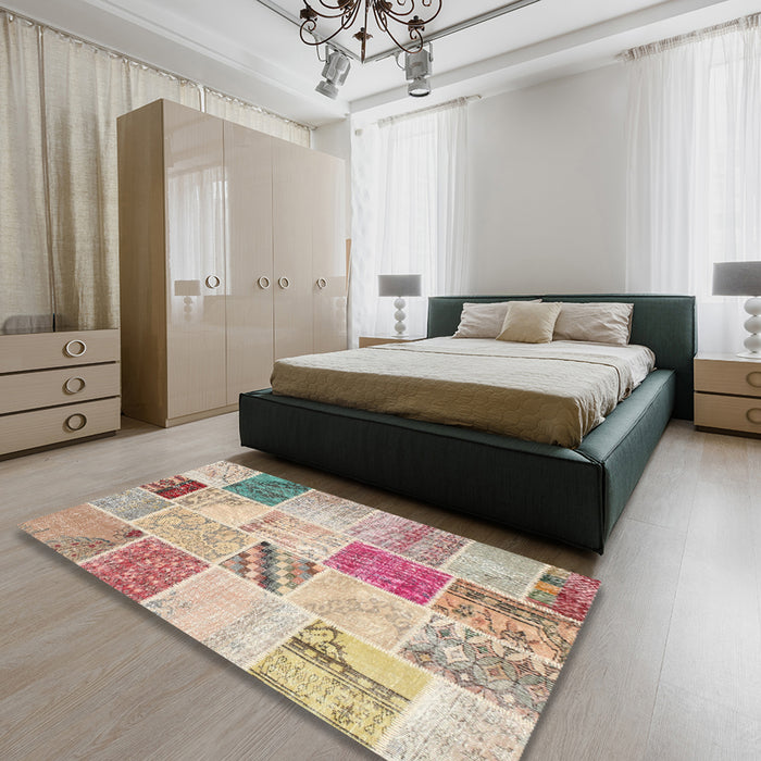 Contemporary Orange Salmon Pink Patchwork Rug in a Bedroom, con1382