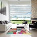 Square Contemporary Cherry Red Patchwork Rug in a Living Room, con1385