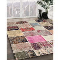 Contemporary Chestnut Brown Patchwork Rug, con1394