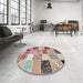 Round Contemporary Chestnut Brown Patchwork Rug in a Office, con1394