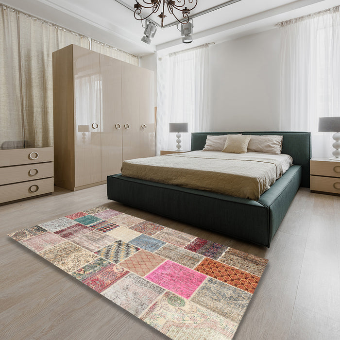 Contemporary Orange Salmon Pink Patchwork Rug in a Bedroom, con1395