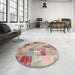 Round Contemporary Rust Pink Patchwork Rug in a Office, con1397