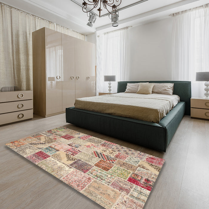 Contemporary Orange Salmon Pink Patchwork Rug in a Bedroom, con1398