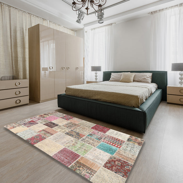 Contemporary Orange Salmon Pink Patchwork Rug in a Bedroom, con1409