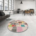 Round Contemporary Dark Almond Brown Patchwork Rug in a Office, con1410