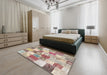 Contemporary Dark Almond Brown Patchwork Rug in a Bedroom, con1411