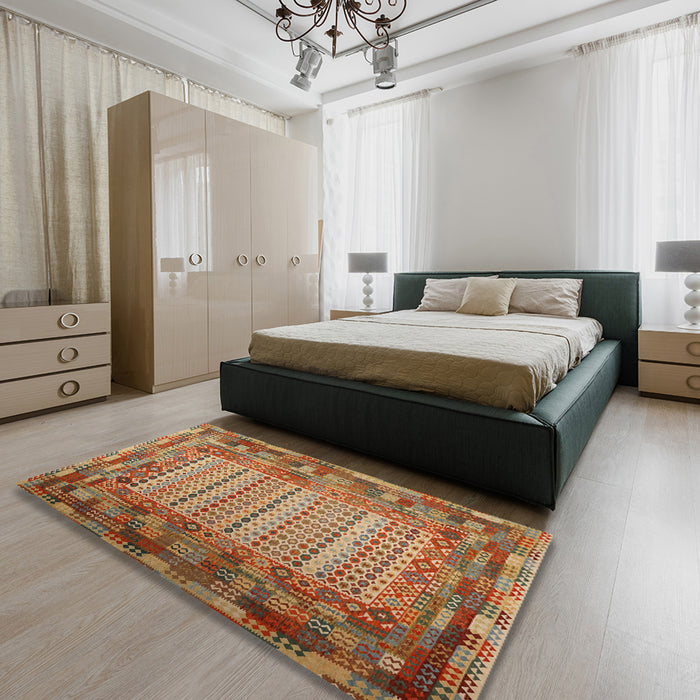 Contemporary Mahogany Brown Patchwork Rug in a Bedroom, con1420