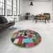 Round Contemporary Chestnut Brown Patchwork Rug in a Office, con1426