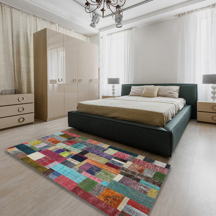 Contemporary Chestnut Brown Patchwork Rug in a Bedroom, con1426