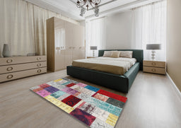 Contemporary Chestnut Brown Patchwork Rug in a Bedroom, con1428