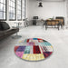 Round Contemporary Chestnut Brown Patchwork Rug in a Office, con1428