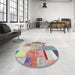 Round Contemporary Mauve Taupe Purple Patchwork Rug in a Office, con1429